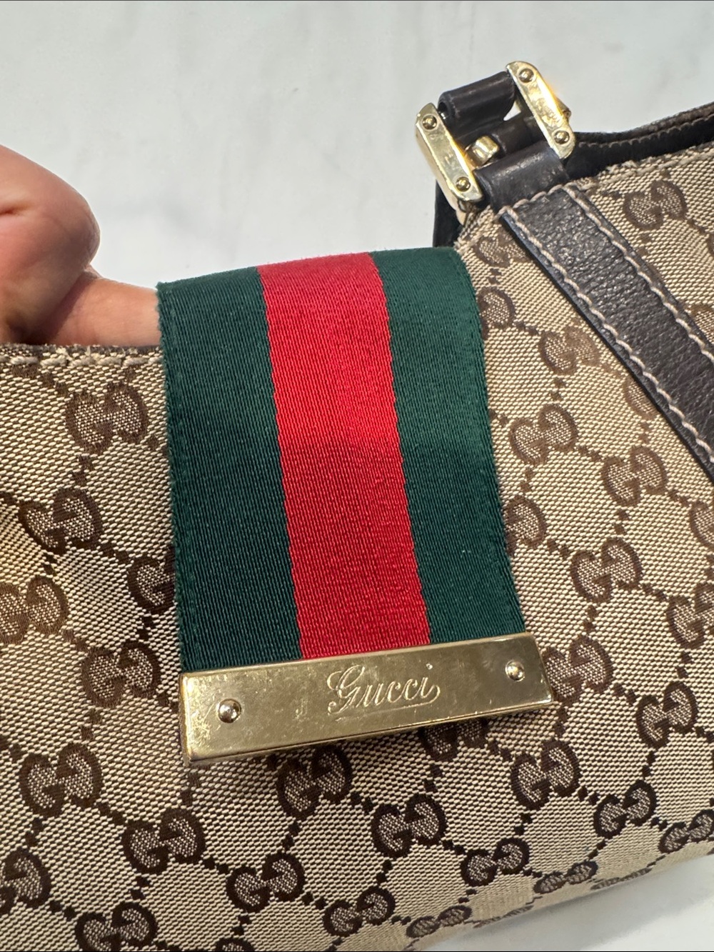 Authentic Gucci Brown GG Canvas Shoulder Bag with Green-Red Web - Picture 9 of 13